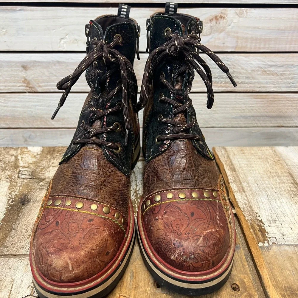 Spring Step L'Artiste Leather Combat Boots Studded Patchwork Floral Size 40